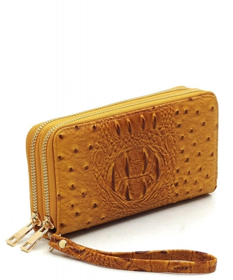 Ostrich Croc Double Zip Around Wallet Wristlet OS0012 MUSTARD